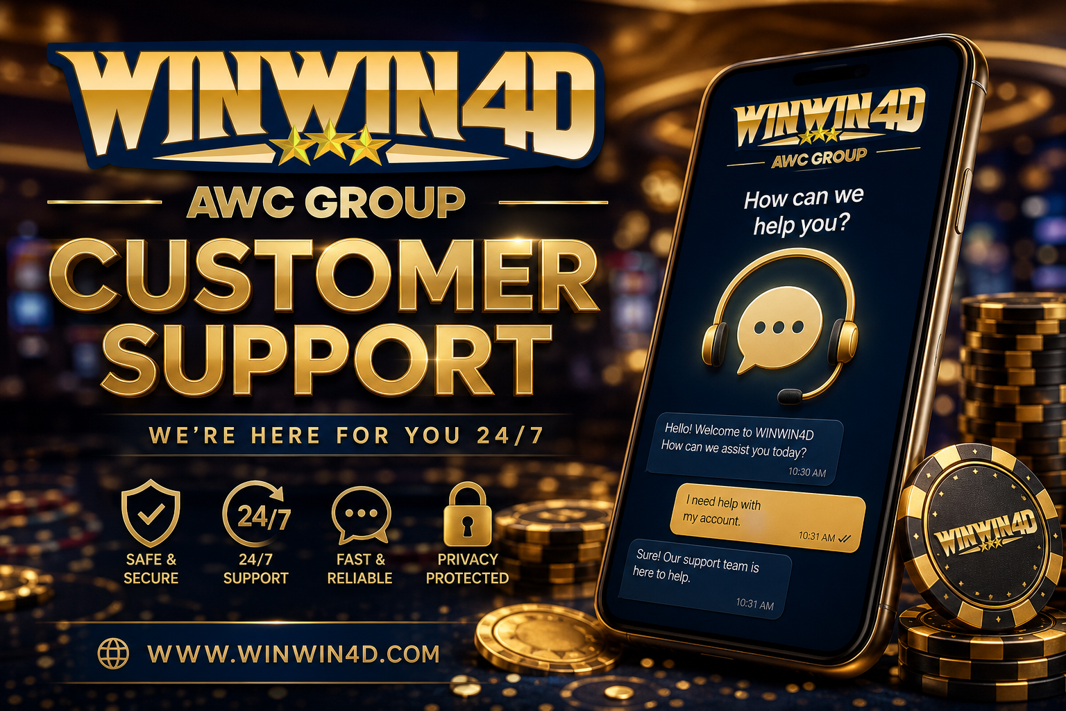 Pusat bantuan WINWIN4D dengan ikon chat di smartphone