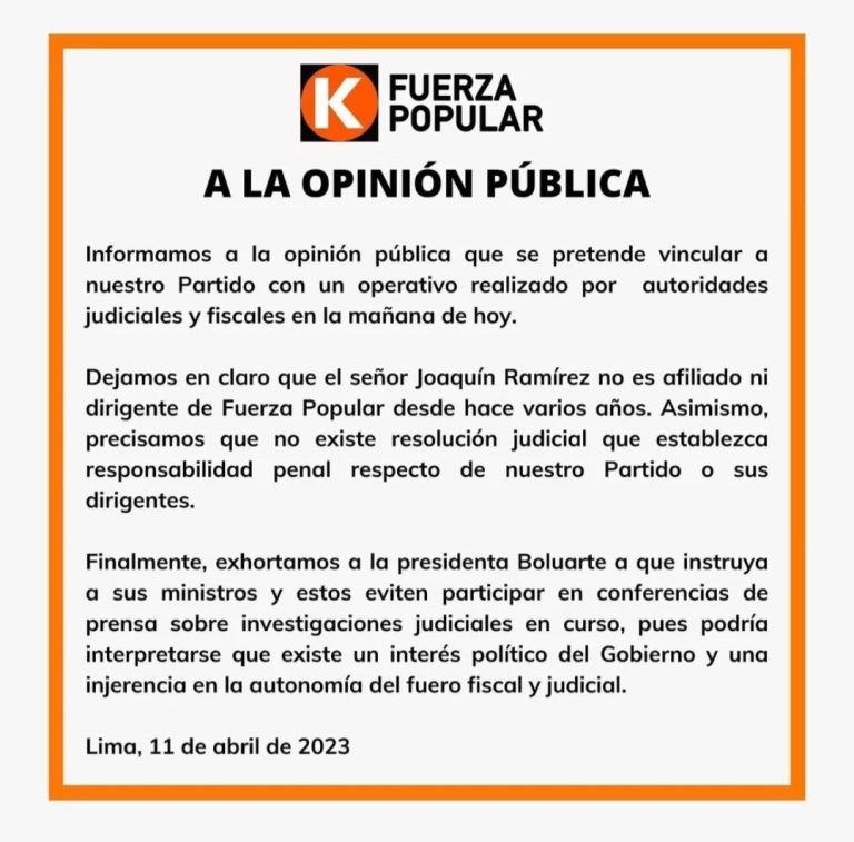 Fuerza Popular pide a Boluarte que no se le mencioné en el caso de  Joaquín Ramírez